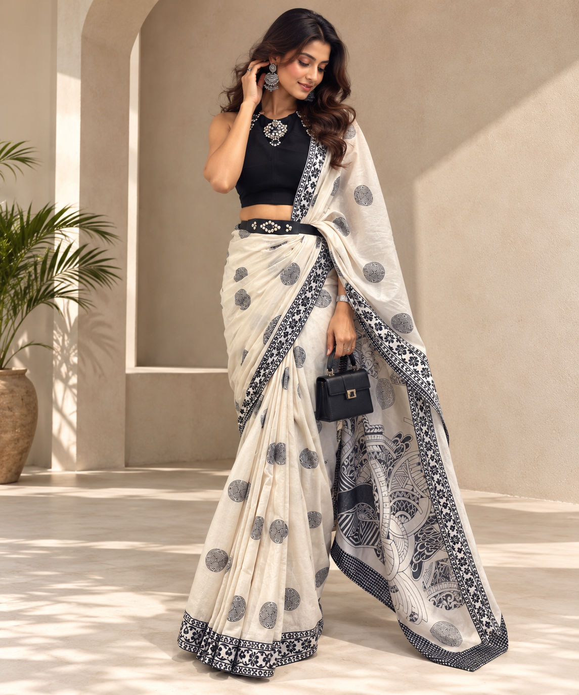 Ivory & Black Mandala Print Cotton Saree