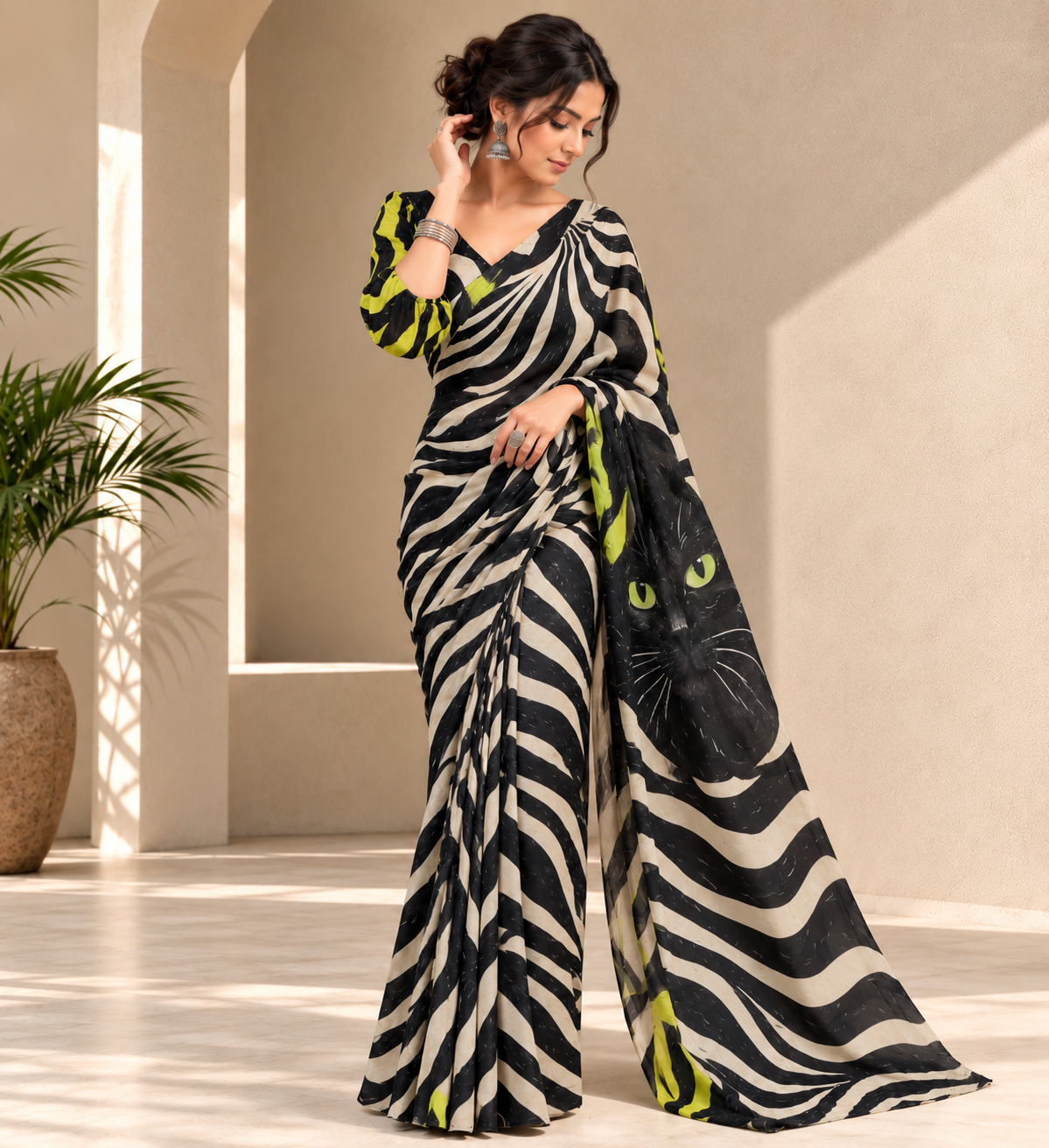 Black & Ivory Abstract Print Organza Saree