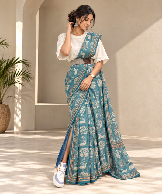 Teal Blue Printed Chanderi Saree