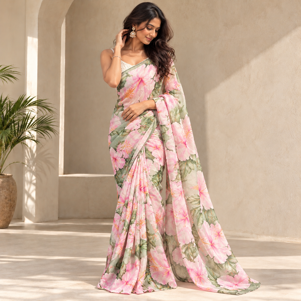 Pink Floral Soft Organza Saree
