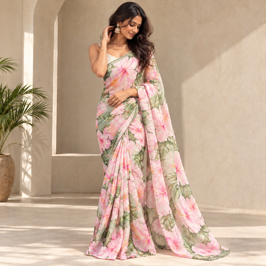 Pink Floral Soft Organza Saree