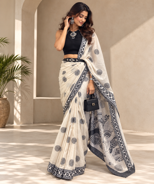 Ivory & Black Mandala Print Cotton Saree