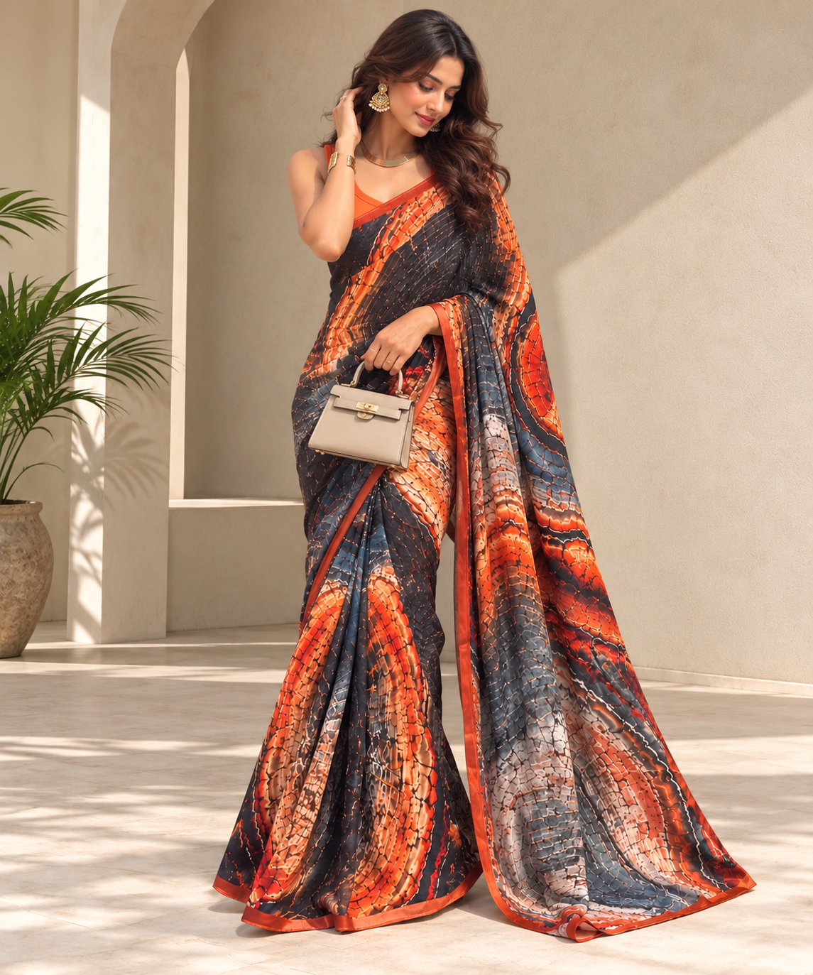 Rust & Charcoal Wooden Print Crepe Saree