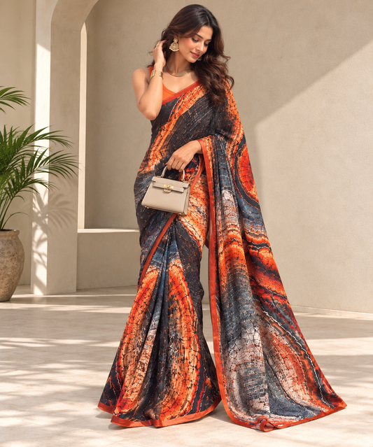 Rust & Charcoal Wooden Print Crepe Saree